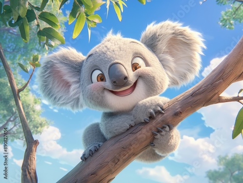 A wideeyed koala bear clinging to a eucalyptus tree, soft gray fur, oversized ears, and a gentle smile , 3D style photo