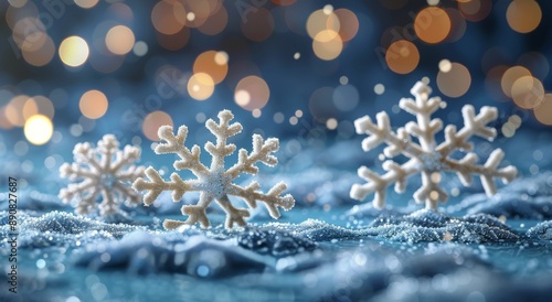 Closeup of Sparkling Snowflakes in Winter With Bokeh Lights