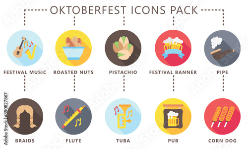 Oktoberfest rounded multi color icons pack, includes traditional Bavarian elements like beer barrels, bratwurst, accordions, beer tents, and more. vector EPS 10.