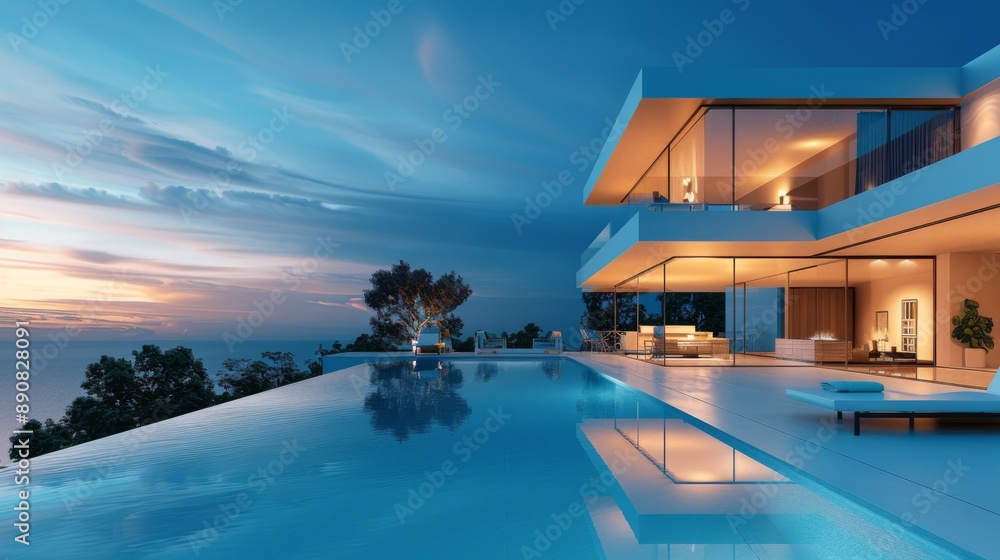 Fototapeta premium Modern Luxury Villa with Infinity Pool at Sunset