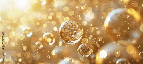 Golden Bubbles Floating In Liquid With Light Shimmering Through