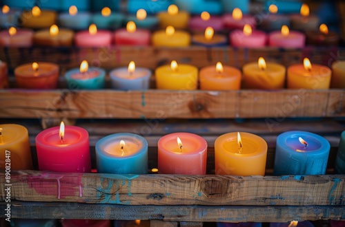 Colorful Candles Burning Brightly on Wooden Shelf