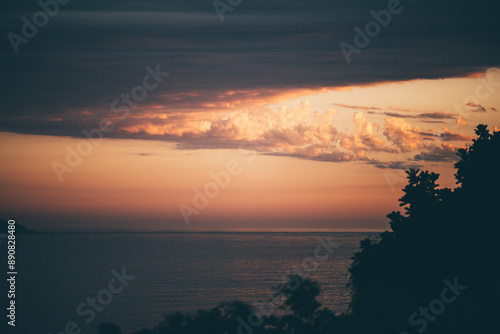 A stunning sunset over the ocean with vibrant orange and pink hues in the sky. The silhouette of tree branches adds depth to the serene landscape, creating a tranquil scene photo