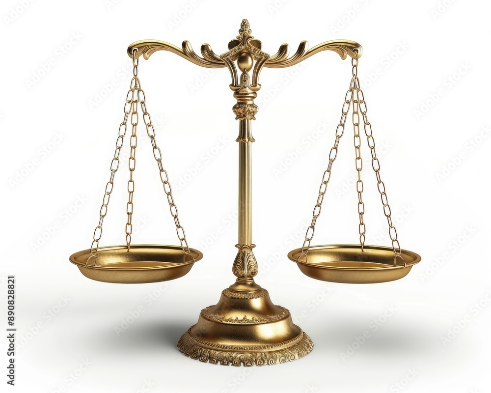 Unbalanced Scales. Tilted Brass Weight Scale in Side View, Symbol of Unbalanced Justice Unbalanced Scales. Tilted Brass Weight Scale in Side View, Symbol of Unbalanced Justice