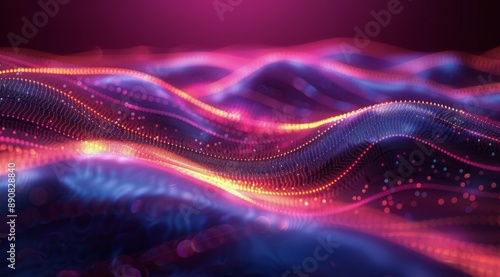 Abstract Digital Landscape With Red, Orange, and Blue Light Waves