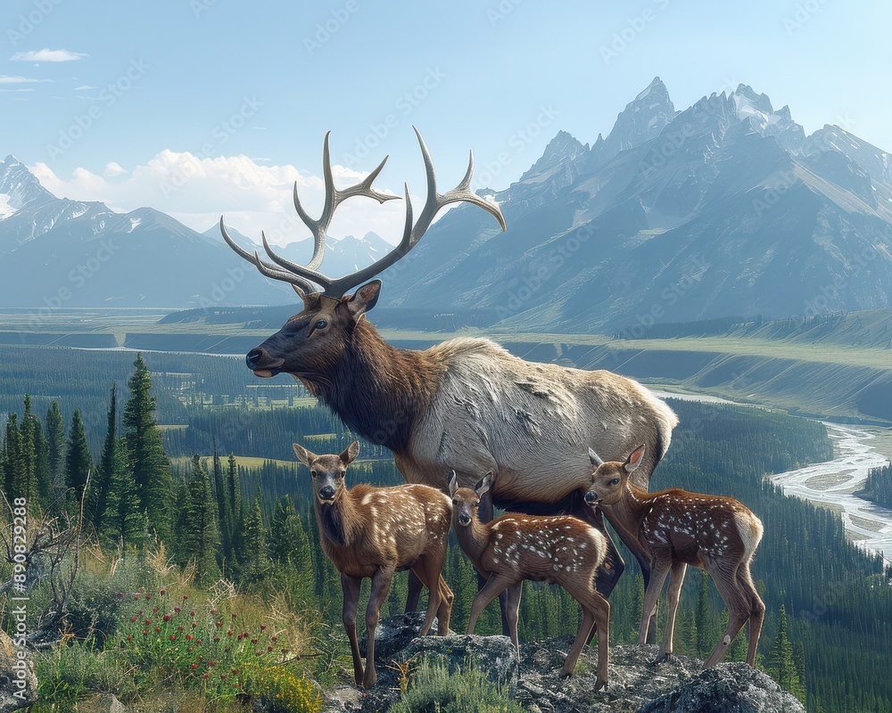 Naklejka premium Majestic elk with antlers and a group of deer standing on a beautiful mountainous landscape with flowing river and pine trees