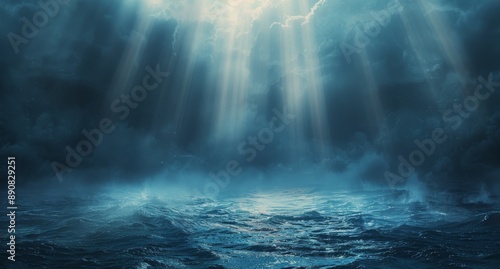 Nighttime View of a Starry Sky Above a Calm Sea With a Beam of Light