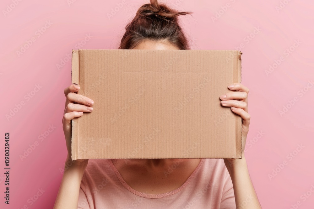 Box Mockup Person. Delivery Woman Holding Parcel Box for Shipping Business on Pink Background Box Mockup Person. Delivery Woman Holding Parcel Box for Shipping Business on Pink Background