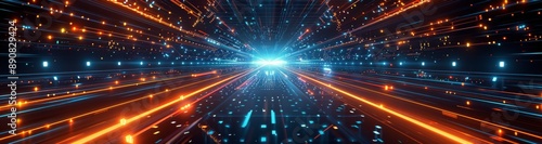 Abstract Digital Highway With Bright Orange And Blue Light Streaks
