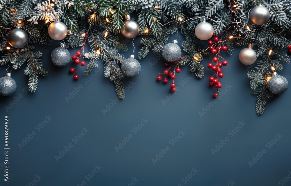 Silver Christmas Ornaments and Lights Hanging From Evergreen Branches on a Dark Blue Background Silver Christmas Ornaments and Lights Hanging From Evergreen Branches on a Dark Blue Background