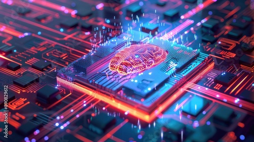 Glowing Brain on Computer Chip with Red and Blue Circuitry photo