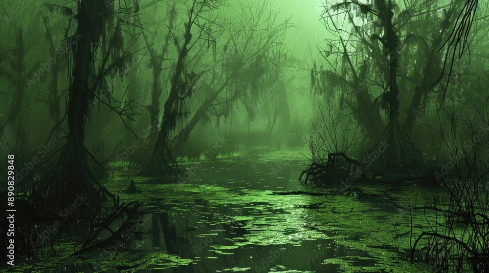 Fototapeta premium Dark Swamp. Atmospheric Digital Art of Scenic Green Marsh Landscape