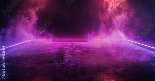 Pink And Blue Neon Lights On A Dark Empty Floor