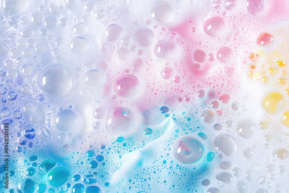 Close-up view of soap bubbles floating on water in a bathtub Close-up view of soap bubbles floating on water in a bathtub