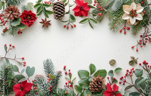 Festive Christmas Garland With Pine Cones, Holly, and Poinsettia on White Bac...