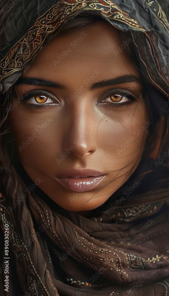 Realistic close up portrait of a saudi arabian woman, showcasing cultural attire and features Realistic close up portrait of a saudi arabian woman, showcasing cultural attire and features