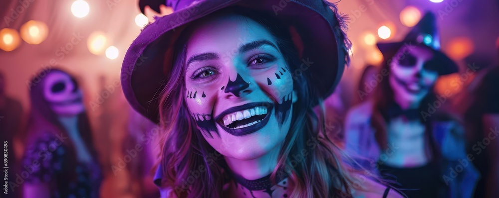 Smiling woman with spooky makeup at a Halloween party. Smiling woman with spooky makeup at a Halloween party.