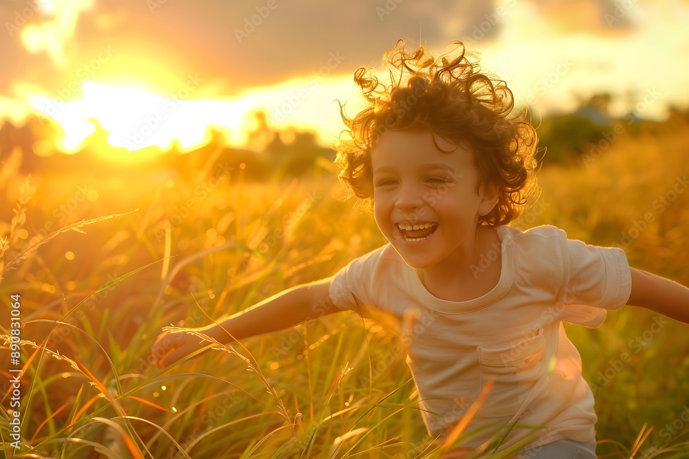 Child with a joyful expression, running through a grassy field at sunset Child with a joyful expression, running through a grassy field at sunset