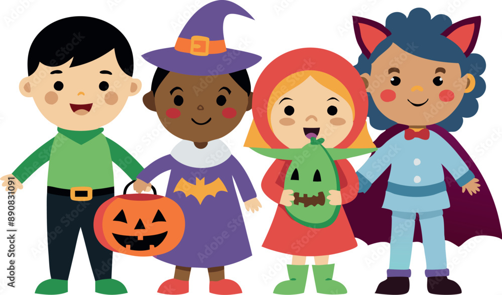 Illustration of cute children dressed in various colorful Halloween costumes, celebrating together with happy expressions. Illustration of cute children dressed in various colorful Halloween costumes, celebrating together with happy expressions.