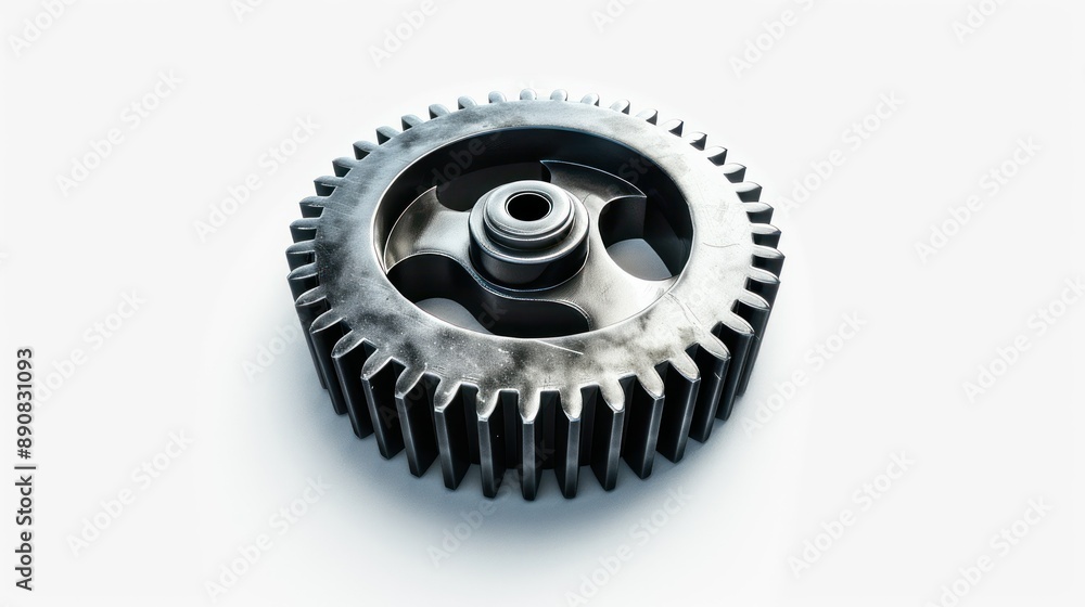 3D rendering of a single metal gear with intricate teeth and a central hub 3D rendering of a single metal gear with intricate teeth and a central hub