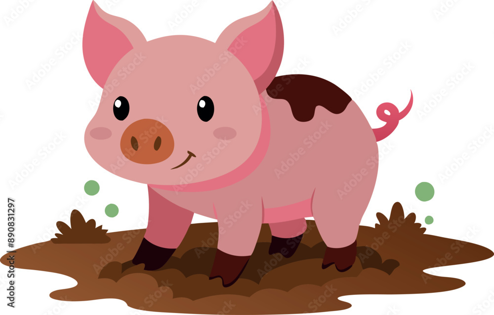 Cute cartoon piglet standing in the mud. Perfect for children's topics, educational materials, and animal illustrations Cute cartoon piglet standing in the mud. Perfect for children's topics, educational materials, and animal illustrations