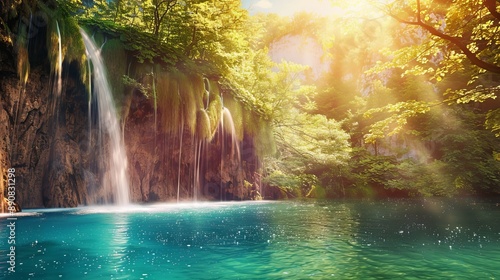 Majestic view on turquoise water and sunny beams in the Plitvice Lakes National Park. Wood glowing by sunlight. Croatia. Europe. Dramatic unusual scene. Beauty world. Retro and vintage toning effect. 