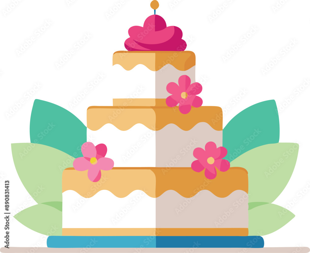 Colorful three-tier cake illustration with flowers and leaf decorations, perfect for celebrations and festive occasions.