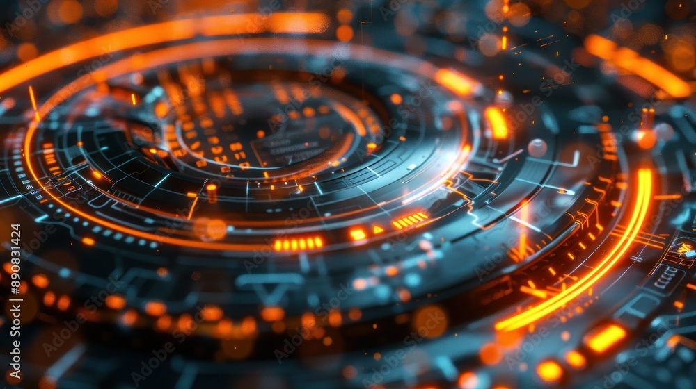 Futuristic Glowing Circuit Board With Orange Highlights Futuristic Glowing Circuit Board With Orange Highlights