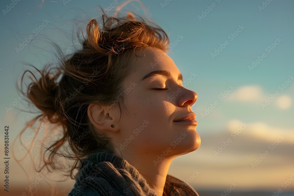 Woman with eyes closed and head tilted back, soaking in the last rays of the day Woman with eyes closed and head tilted back, soaking in the last rays of the day