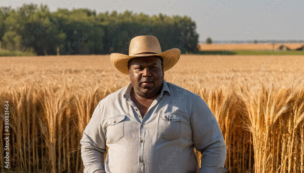 a fat black man in straw hat with wheat field background a fat black man in straw hat with wheat field background