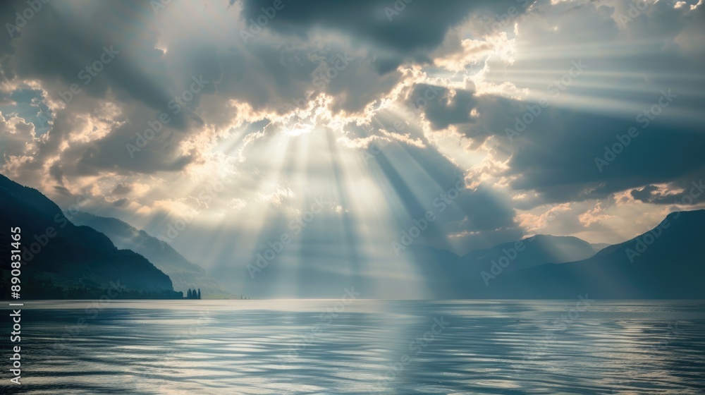 Light Through Storm. Nature Landscape with Sunlight Peeking through Fluffy and Storm Clouds over Sea and Mountains Light Through Storm. Nature Landscape with Sunlight Peeking through Fluffy and Storm Clouds over Sea and Mountains