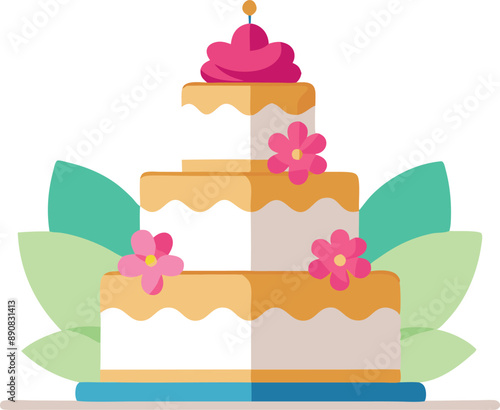 Colorful three-tier cake illustration with flowers and leaf decorations, perfect for celebrations and festive occasions.