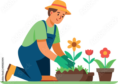Colorful illustration of a man gardening with flowers, wearing a hat and gloves, engaging in outdoor activity