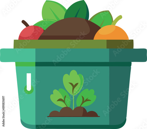 Colorful illustration of a compost bin filled with organic waste, fruits, and plants, representing environmental sustainability and recycling.