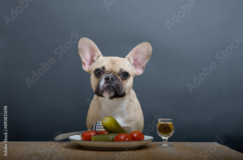 A shot of spirits and a plate of pickles and tomatoes stand in front of a Bulldog dog sitting at a small wooden table.