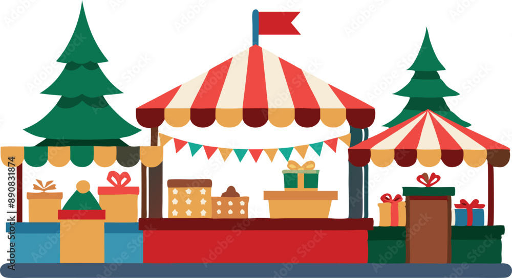 Obraz premium Illustration of a festive Christmas market scene with decorated stalls, gifts, and Christmas trees, evoking holiday spirit and cheer.