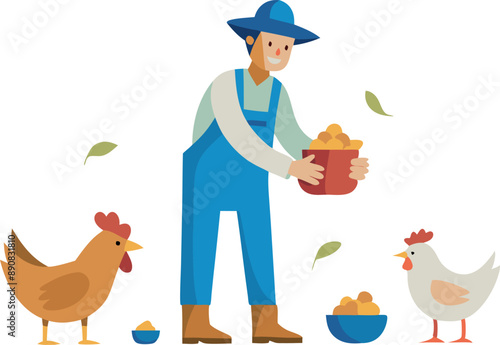 Cartoon illustration of a farmer feeding chickens with a happy and colorful design. Agricultural concept with a friendly and cheerful atmosphere.