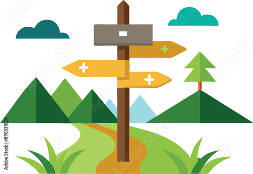 Illustration of a vibrant direction signpost amidst a beautiful mountain setting with trees and hills, symbolizing guidance and nature.