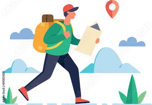 Flat illustration of a person hiking with a backpack and map in hand, exploring a scenic outdoor landscape with mountains and greenery.