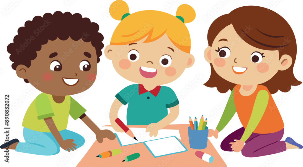 Diverse group of happy children drawing and creating artwork on the floor, embracing creativity and fun. Diverse group of happy children drawing and creating artwork on the floor, embracing creativity and fun.