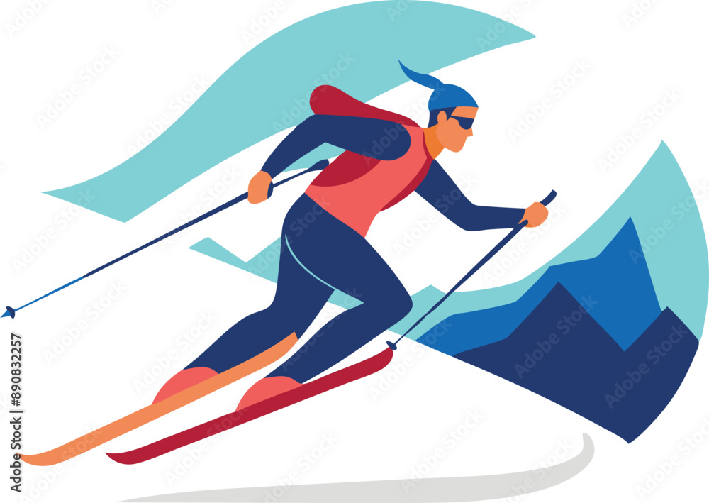 Obraz premium Vibrant illustration of a skier skiing downhill on a snowy mountain, showcasing dynamic movement and winter sports.