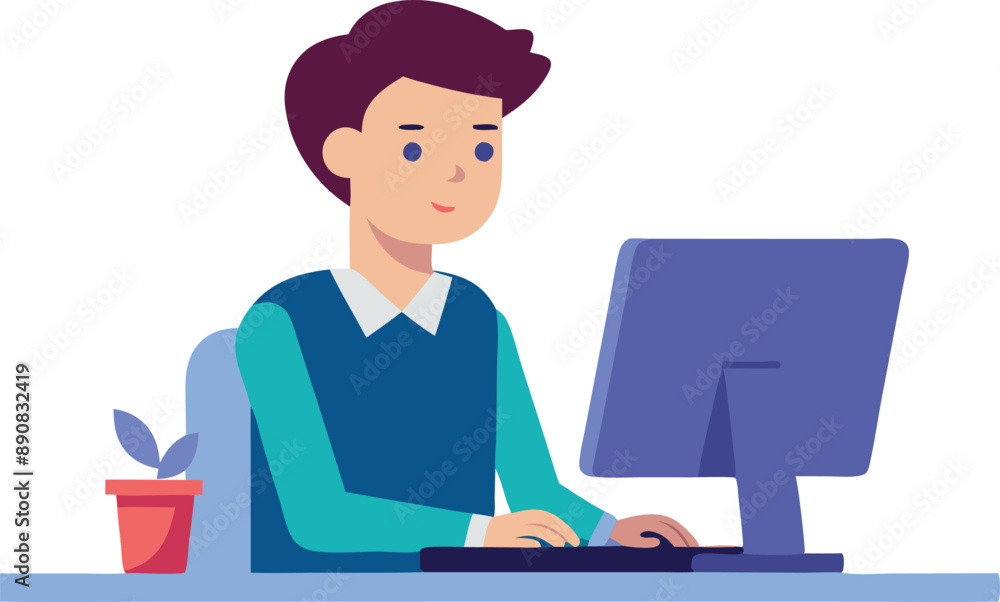 Vector illustration of a man working at a computer desk with a small potted plant, representing productivity, focus, and work environment. Vector illustration of a man working at a computer desk with a small potted plant, representing productivity, focus, and work environment.