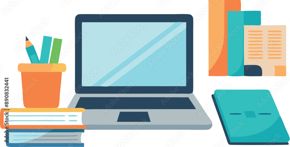 Vector illustration of a laptop with books, stationery, and a notepad for educational or work-related concepts. Vector illustration of a laptop with books, stationery, and a notepad for educational or work-related concepts.