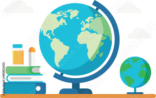 Illustration of a globe, books, and educational supplies symbolizing global education and learning in the classroom.