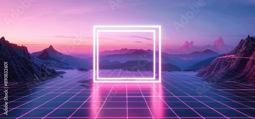 Neon portal in a surreal digital landscape with mountains and a grid floor photo