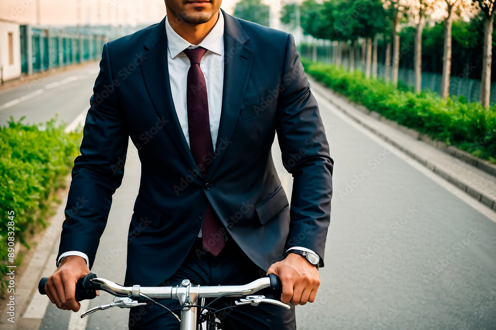 Fototapeta premium A man in a suit going to the work by bycicle