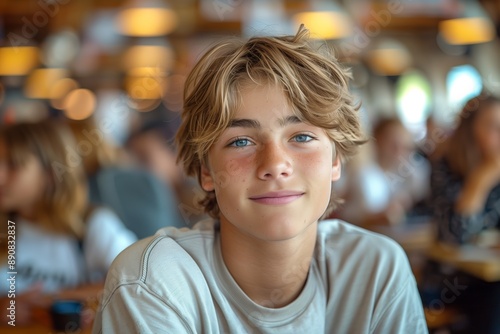 Young Blonde Boy Sitting In A Cafe During The Day