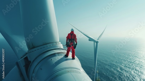 A person in a red suit stands on a wind turbine high above the sea, highlighting the scale of renewable energy and human ingenuity in harnessing nature's power.