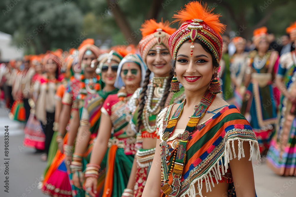 Fototapeta premium Beautifully dressed women in traditional attire celebrating a cultural festival with vibrant colors, smiles, and joyful expressions.