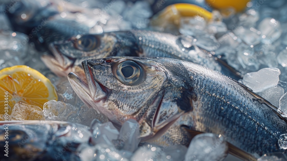 Fresh seabass displayed on ice at market stall, sea fish available for sale in a realistic photo Fresh seabass displayed on ice at market stall, sea fish available for sale in a realistic photo
